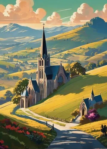 church painting,nargothrond,steeples,eglise,bakersville,landscape background,paysage,fredric church,beleriand,rolling hills,lachapelle,edensor,hills,paisaje,coville,churches,church faith,beaujolais,notredame,black church,Illustration,Retro,Retro 12