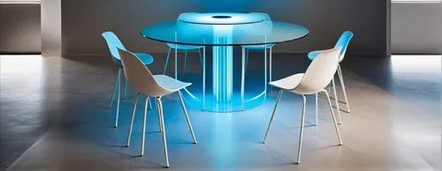 Design chairs and table furniture for people to sit on. The main color of the chair and table is white, and only blue is used as a sub color. The bottom of the table is surrounded by blue line lightin