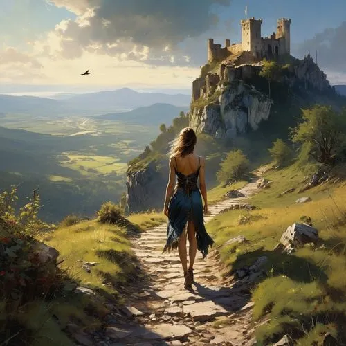 the wanderer,world digital painting,fantasy picture,wander,fantasy landscape,fantasy art,wanderer,heroic fantasy,game illustration,croft,game art,meteora,adventurer,ruined castle,landscape background,pilgrimage,high landscape,traveler,summit castle,the spirit of the mountains,Photography,General,Realistic