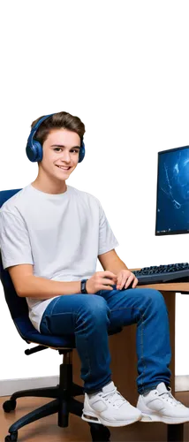 Young adult gamer, boy, casual wear, white T-shirt, dark blue jeans, sneakers, sitting, gaming desk, multiple monitors, keyboard, mouse, headphones, relaxed posture, slight smile, dim room lighting, s