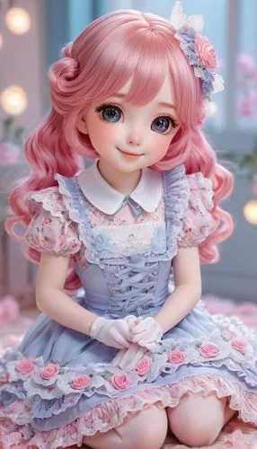 Cute online doll, pink hair clips, sparkly eyes, sweet smile, rosy cheeks, pale skin, lace gloves, frilly dress, pastel colors, flower patterns, kneeling pose, virtual background, bright lighting, sof