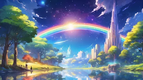 rainbow and stars,rainbow bridge,rainbow background,bifrost,tanabata,rainbow,arcobaleno,fairy world,rainbow pencil background,moonbow,rainbow colors,fantasy picture,unicorn background,fairyland,fantasy landscape,dream world,rainbow clouds,rainbow world map,aquarion,rainbows,Illustration,Realistic Fantasy,Realistic Fantasy 01