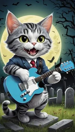 halloween cat,cartoon cat,helloween,cat vector,guitar player,guitar solo,gray cat,tom cat,guitar,banjo,jazz guitarist,cat cartoon,stray cats,gray kitty,halloween background,guitarist,painted guitar,musician,haloween,ibanez,Illustration,Abstract Fantasy,Abstract Fantasy 23