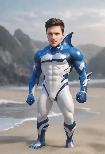 A mistake at the beach.

The man became a blue and white vinyl toy in the shape of an antro shark. The character has an athletic body with blue fins,and a tail. The body of character is made of a viny