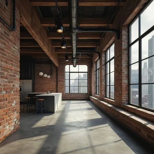 Exposed brick fa\u00e7ade, industrial metal beams, reclaimed wood accents, polished concrete floors, minimalist lighting fixtures, functional pipe installations, raw steel structures, earthy color pal