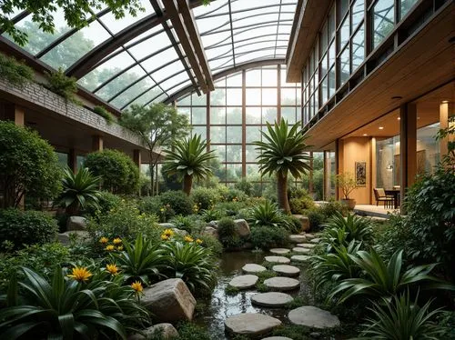 Vibrant botanical garden, lush greenery, exotic plants, curved glass roofs, metal frames, wooden beams, natural stone walls, modern minimalist architecture, large windows, sliding glass doors, diffuse