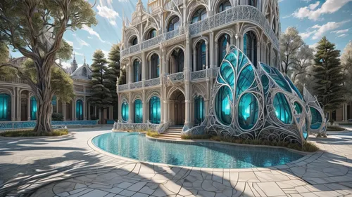 water castle,marble palace,water cube,water palace,mirror house,floor fountain,3d fantasy,atlantis,white temple,decorative fountains,diamond lagoon,water fountain,fountain,aqua studio,stone fountain,cubic house,fractalius,mausoleum ruins,solar cell base,city fountain