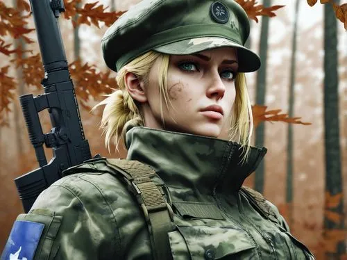 Metal Gear Solid 3, Snake Eater Eva, female protagonist, green military uniform, beret, blonde hair, bright blue eyes, sniper rifle, camouflage, Russian wilderness, autumn leaves, misty forest, foggy 