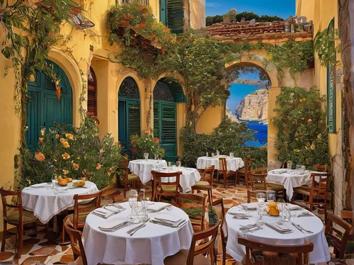 sicilian cuisine,mediterranean cuisine,a restaurant,fine dining restaurant,bistro,italian food,mediterranean food,new york restaurant,tuscan,alpine restaurant,taormina,restaurant,tuscany,bistrot,positano,italy,provence,outdoor dining,restaurant bern,mediterranean,Illustration,Retro,Retro 26