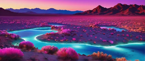 purple landscape,flowerful desert,desert landscape,desert desert landscape,futuristic landscape,acid lake,fantasy landscape,desert,river landscape,landscape background,oasis,virtual landscape,argentina desert,volcanic landscape,alien world,pink grass,desert background,alien planet,arid landscape,nature landscape,Illustration,Paper based,Paper Based 04