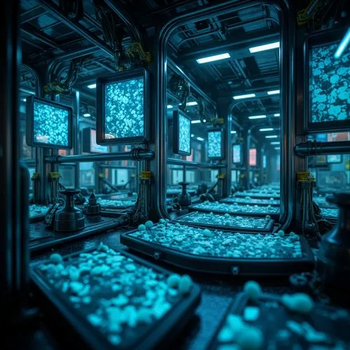 ufo interior,biofilm,spaceship interior,aquarium,aquaculture,blue spheres,cleanroom,cold room,fractal environment,procedural,microarrays,supercomputer,mining facility,synthetic,cryobank,biocontainment,biolab,grocery store,sector,modules