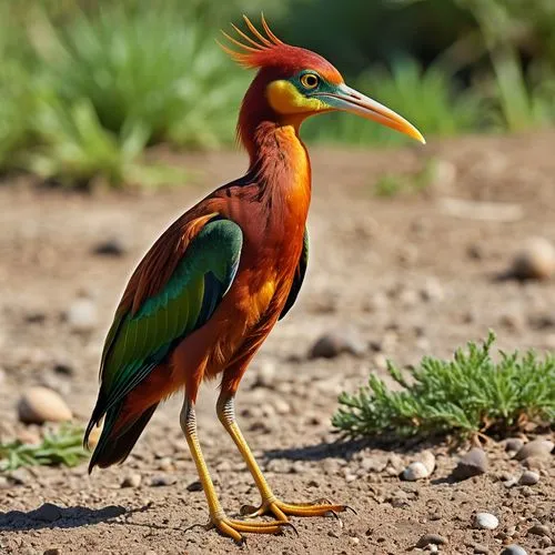 Theoretical representation of a non-terrestrial strange looking, burgundy and orange colored avian creature with a short yellow spooned beak, four long thin legs, no neck, and iridescent burgundy and 