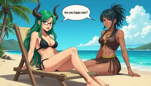 lum,beach background,morrigan,tiki,baoku,beach chairs