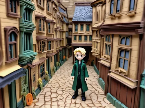 Draco Malfoy sneaking around Diagon Alley with a sly expression,sanji,narrow street,old linden alley,alleyway,hamelin,alley,escher village,the cobbled streets,medieval street,3d figure,the pied piper 