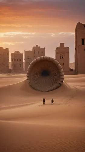 "In the movie Dune, desert scene, two people stand in front of a giant sandworm, with abandoned damaged buildings in the distance.",capture desert,merzouga,viewing dune,dune,admer dune,libyan desert,s