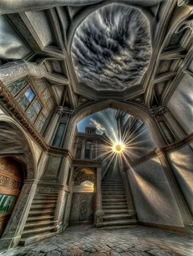 hdr,hall of the fallen,stargate,panopticon,escher,360 °,abandoned place,spiral staircase,staircase,oculus,fractal environment,portals,the threshold of the house,spiral stairs,circular staircase,fractals art,immenhausen,attic,stairway,abandoned places