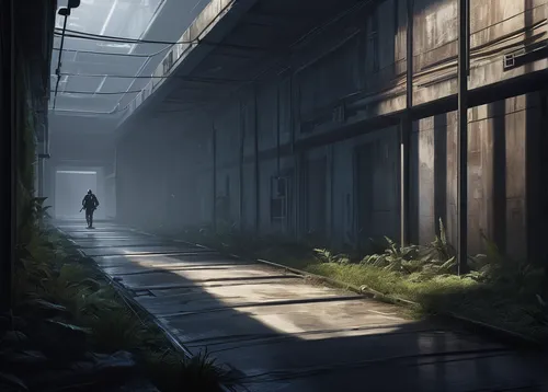 Create a suspenseful scene with Archer sneaking into an enemy base.,alleyway,empty factory,lost place,lostplace,alley,abandoned,abandoned place,abandoned places,warehouse,abandoned factory,lost places