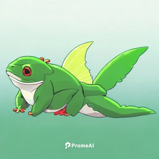 green frog with caudal fin simple vector art with only green colors and less details; only simple forms,axolotl,little crocodile,bulbasaur,little alligator,kawaii frog,amphibious,amphibian,crocodile,c