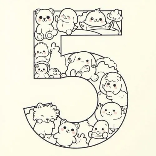 five,kawaii animal patch,six,line art wreath,big 5,round kawaii animals