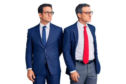 Two men, mature gentlemen, serious facial expressions, slight wrinkles, short black hair, glasses, suits, white shirts, ties, hands in pockets, standing, facing each other, intense gaze, soft natural 