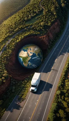 An image of the earth appearing as a planet, a road surrounding it, and a truck traveling on that road.
manipulation,highway roundabout,terraforming,earth in focus,environmental art,earth,the earth,ti