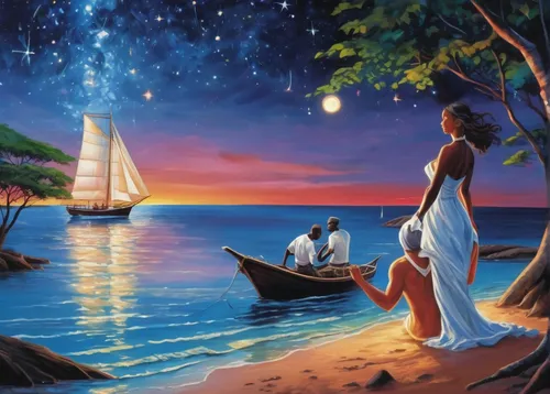 fantasy picture,romantic scene,sailing ship,sailing,sailing-boat,sailing boat,sailing ships,sailing boats,sailboats,monkey island,sail ship,sailboat,oil painting on canvas,sail boat,sea fantasy,fantasy art,sea sailing ship,boat landscape,art painting,seafaring,Illustration,Realistic Fantasy,Realistic Fantasy 19