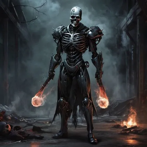 Терминатор против Бендера из футурамы,a character with a skeleton head and a black body, standing in a dark alley,endoskeleton,totentanz,necromancer,ultron,steel man,cyborg,Conceptual Art,Fantasy,Fant