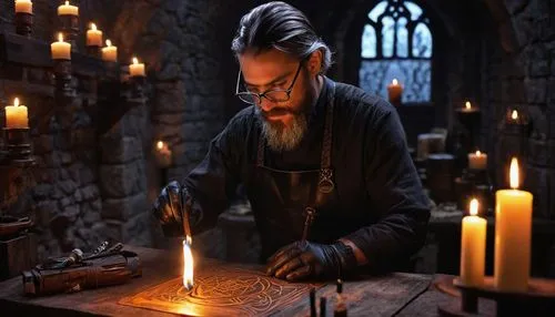 Sigil maker, mysterious, solo, male, 30s, strong jawline, short black hair, beard, glasses, leather apron, worn gloves, wooden workbench, various sigils, ink bottles, quills, candles, dim lighting, st