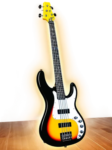 Bass guitar, electric bass, metallic body, black finish, four strings, tuning pegs, music notes, amplifier, loudspeaker, sound waves, vibrating strings, dynamic microphone, recording studio, wooden fl