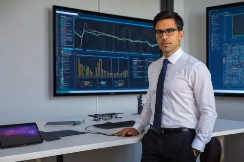 Cybersecurity expert, male, 30s, short black hair, glasses, formal wear, white shirt, tie, standing, in front of a large screen displaying network diagrams, coding windows, and system architecture blu