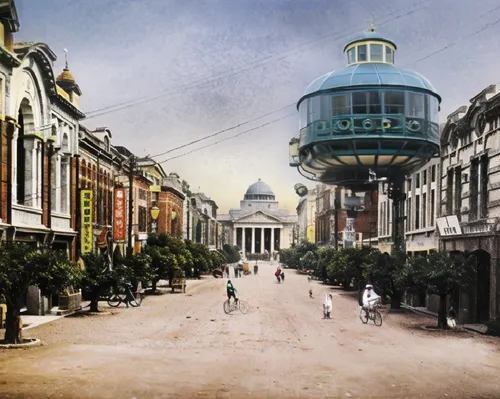 The floating aerial cable car slowly moves forward,the city has two different tower structures,khreshchatyk,tverskaya,petersburg,arbat street,calcutta,leidseplein