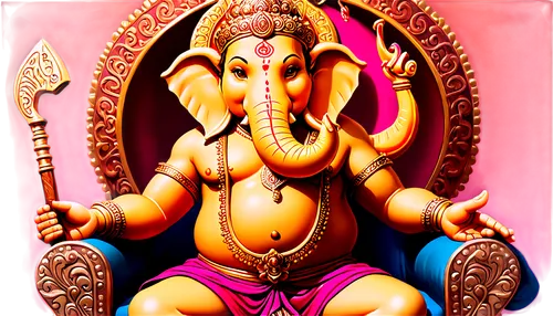 Hindu god Ganesha, golden skin, intricate tattoos, red vermilion mark on forehead, ornate elephant head, large ears, four arms, holding sweets and axe, seated in lotus position, intricately carved thr