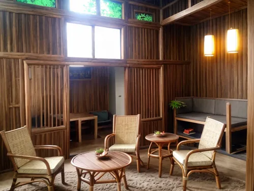 An indoor of indonesian tradisional living room with rattan and wood chairs and wood table. Wood plank wall vertically style. ,japanese-style room,ryokan,breakfast room,hanok,japanese restaurant,dinin