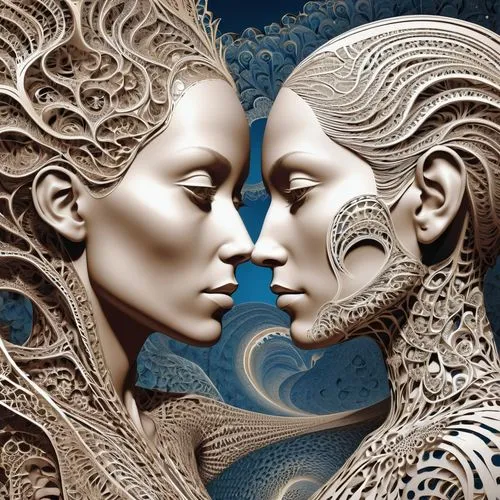 fractals art,amorous,mother kiss,mirror of souls,man and woman,gold foil art,dualism,mirror image,filigree,fractal art,intertwined,harmonious,masque,biomechanical,two people,face to face,african art,interlaced,secret garden of venus,bodypainting,Photography,General,Realistic