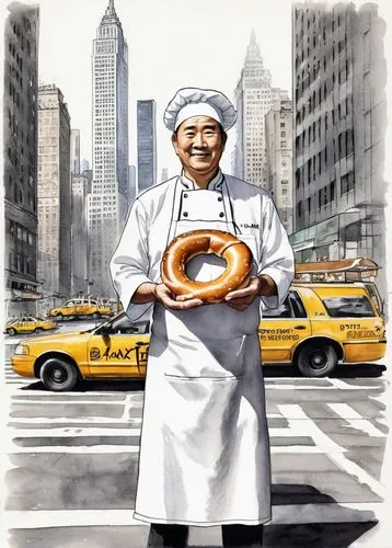 New York City street food vendor, mature man, casual wear, apron, chef hat, holding giant pretzel, Manhattan skyscrapers background, yellow taxi cabs passing by, concrete sidewalk, iron fences, street