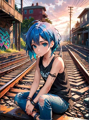 2d,graffiti,railroad,tracks,graffiti art,anime girl,railroad track,anime cartoon,blue hair,aqua,railroad tracks,meteora,punk,anime,train tracks,railroad crossing,track,hatsune miku,railway tracks,the girl at the station,Anime,Anime,Realistic