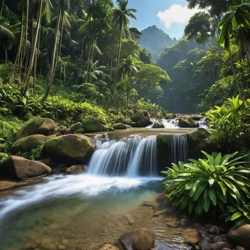 tropical forest,nature wallpaper,tropical jungle,rainforests,green waterfall,full hd wallpaper,rain forest,tropical island,tropical greens,mountain stream,nature background,rainforest,tropics,a small waterfall,neotropical,mountain spring,intertropical,flowing water,waterfalls,natural scenery,Photography,General,Realistic