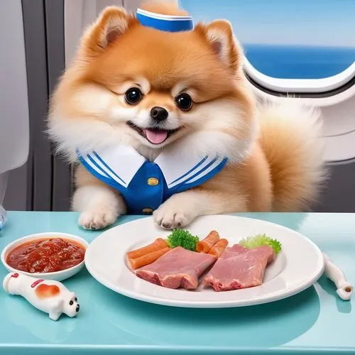 flying food,pomeranian,corporate jet,china southern airlines,business jet,kawaii food,flight attendant,bento,air new zealand,pungsan dog,airline,airplane passenger,small animal food,stewardess,sushi,delicious meal,japan airlines,corgi,fine dining,chef,Illustration,Japanese style,Japanese Style 01