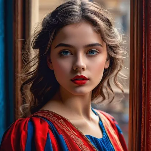 portrait of a girl,romantic portrait,girl portrait,romantic look,model beauty,young model istanbul,mystical portrait of a girl,young woman,pretty young woman,red lipstick,beautiful young woman,vintage makeup,vintage girl,natural cosmetic,portrait photographers,romanian,girl in cloth,red-blue,vintage woman,eurasian,Art,Classical Oil Painting,Classical Oil Painting 17