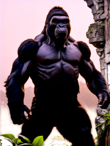 Giant ape King Kong, standing pose, muscular body, furry skin, powerful arms, sharp claws, intense facial expression, bright eyes, jungle environment inspiration, ancient ruins in the background, mist