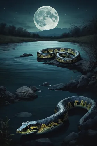 Compose a descriptive poem about the graceful movements of an anaconda slithering through a peaceful river in the moonlight.,water snake,burmese python,carpet python,rock python,banded water snake,ana