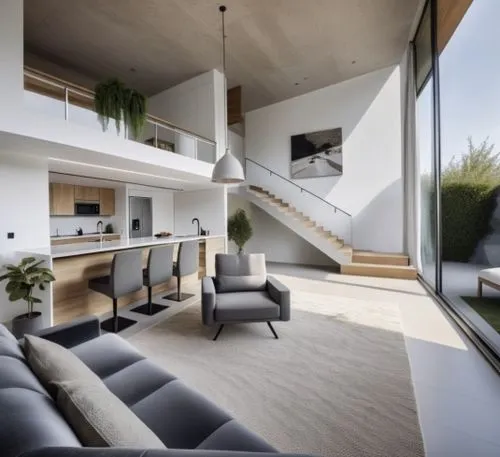 PEOPLE,a living room and kitchen with stairs going down the side,modern living room,interior modern design,contemporary decor,modern decor,loft,mid century house