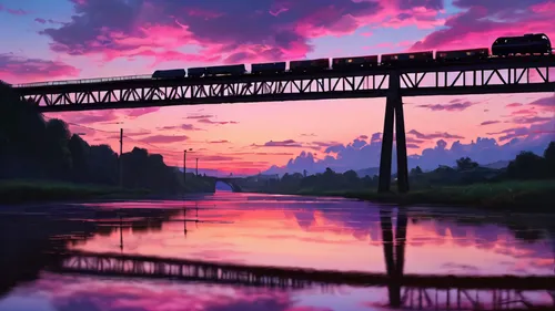 railroad bridge,trestle,sky train,railroad,scenic bridge,train,japan landscape,trains,container train,pink dawn,bridge,railway bridge,train ride,last train,amtrak,studio ghibli,railroad car,dusk,dusk background,the train,Photography,General,Natural