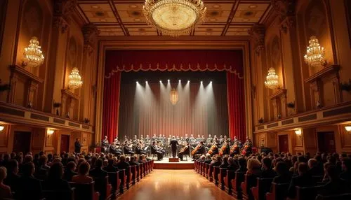 Indoor concert hall, grand stage, velvet curtains, golden chandeliers, wooden floor, dimmable lighting, rows of seats, audience in suits and dresses, musicians with instruments, conductor leading the 