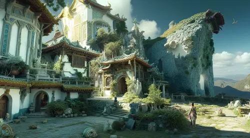 some strange houses with people and animals near by,white temple,shambhala,rivendell,toussaint,gondolin,tirith,Photography,General,Realistic