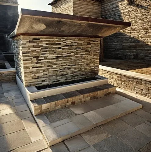 antique fountain.blasting stone.marble covering.marble motif,a stone patio with stone benches, some water and grass,stone ramp,natural stone,stoneworks,stone oven,paving slabs,stonework,Photography,Ge