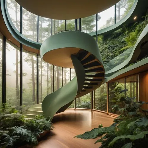 winding staircase,spiral staircase,circular staircase,forest house,outside staircase,staircase,spiral stairs,winding steps,dreamhouse,staircases,futuristic architecture,tree house,tropical house,house in the forest,tree house hotel,stairwell,wooden stairs,fernery,biophilia,fallingwater,Illustration,Japanese style,Japanese Style 15