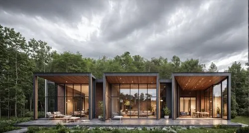 forrest,an exterior s of three modular house surrounded by trees,modern house,modern architecture,forest house,snohetta,timber house,3d rendering