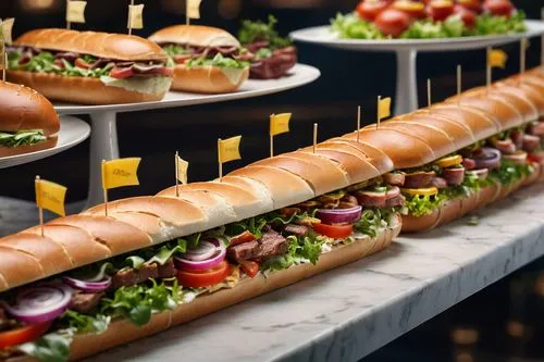 A buffet of submarine sandwiches ,pinchos,sandwiches,catering,hamburger set,sliders,tortas,strasburger,catering service bern,baguettes,hoagies,caterers,food presentation,canapes,finger food,presburger