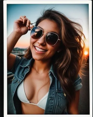 generate a polaroid photo-style image  and  very realistic image, with the look of a photo worn out by time, on a wonderful sunset day with a spectacular, wonderful sky and She is a very beautiful wom